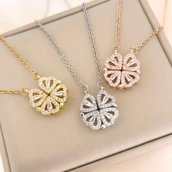 Magnetic Clover Heart Pendant Necklace – 4-Piece Zircon Set - Image 5