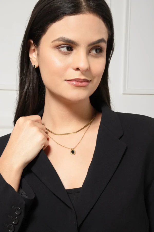 Black Onyx Pendant Necklace & Herringbone Chain Set in Gold-Plated Titanium Steel - Image 3