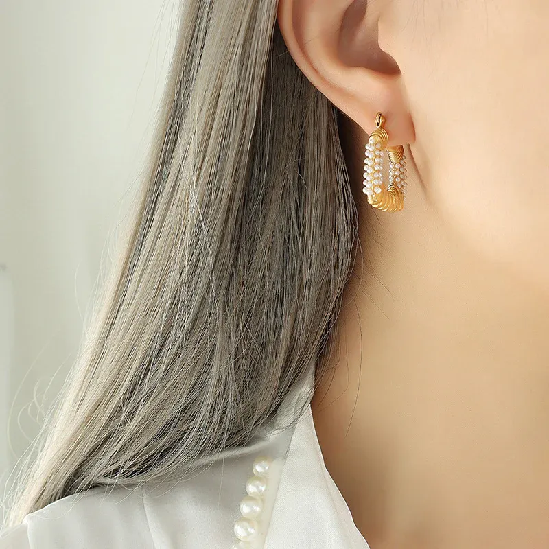 Stunning Inlaid Pearl Hoop Earrings - Image 2