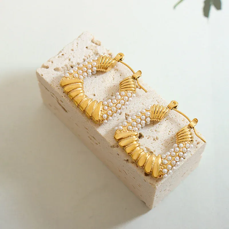 Stunning Inlaid Pearl Hoop Earrings - Image 3