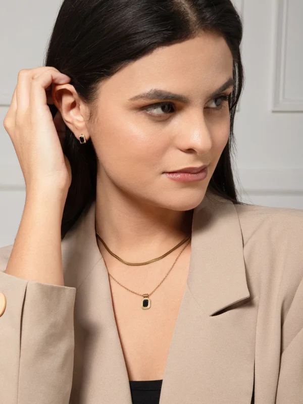 Black Onyx Pendant Necklace & Herringbone Chain Set in Gold-Plated Titanium Steel - Image 2